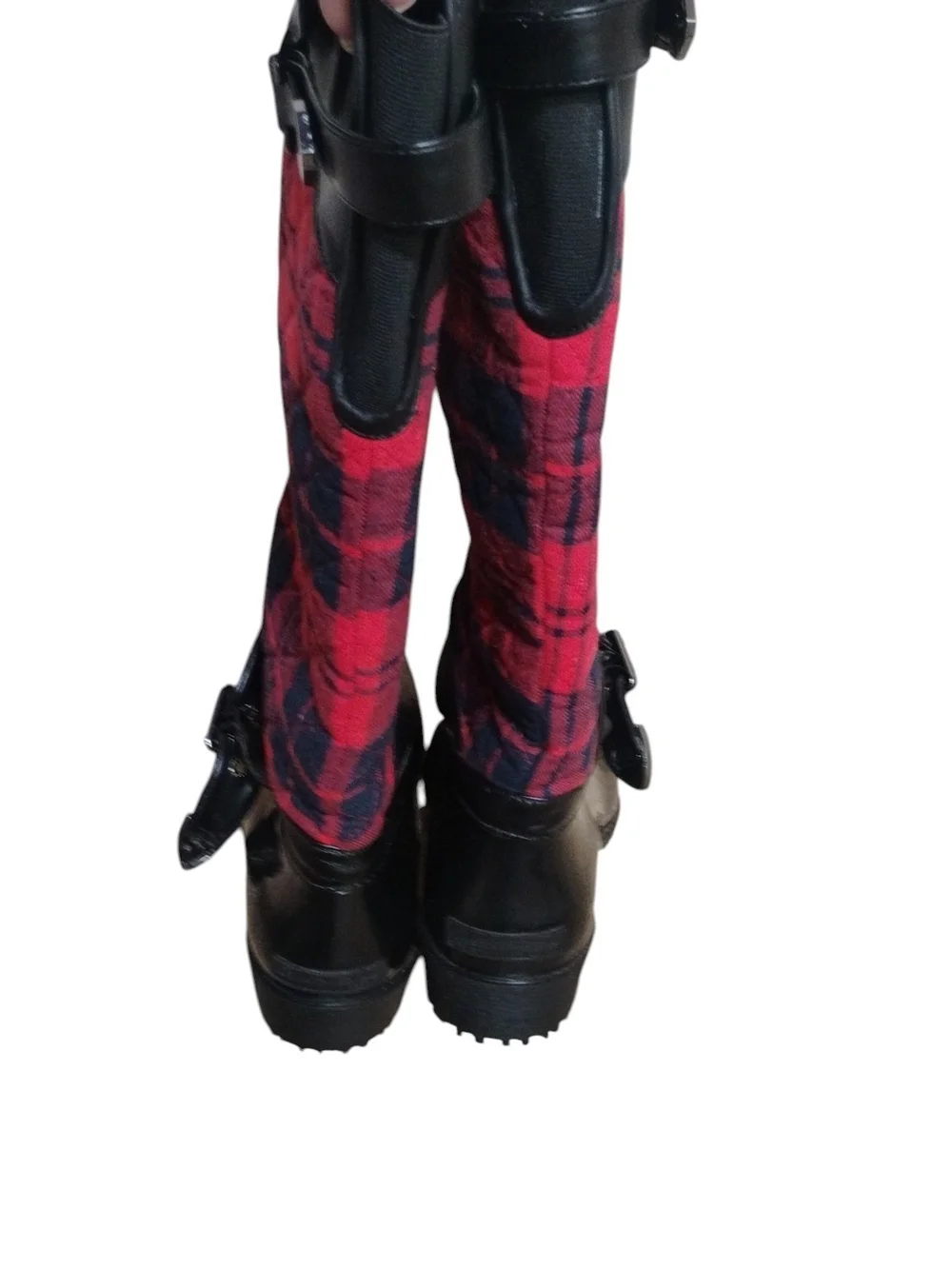 Charlie Paige Red Plaid Quilted Tall Rain Boots w Black Trim Size 10